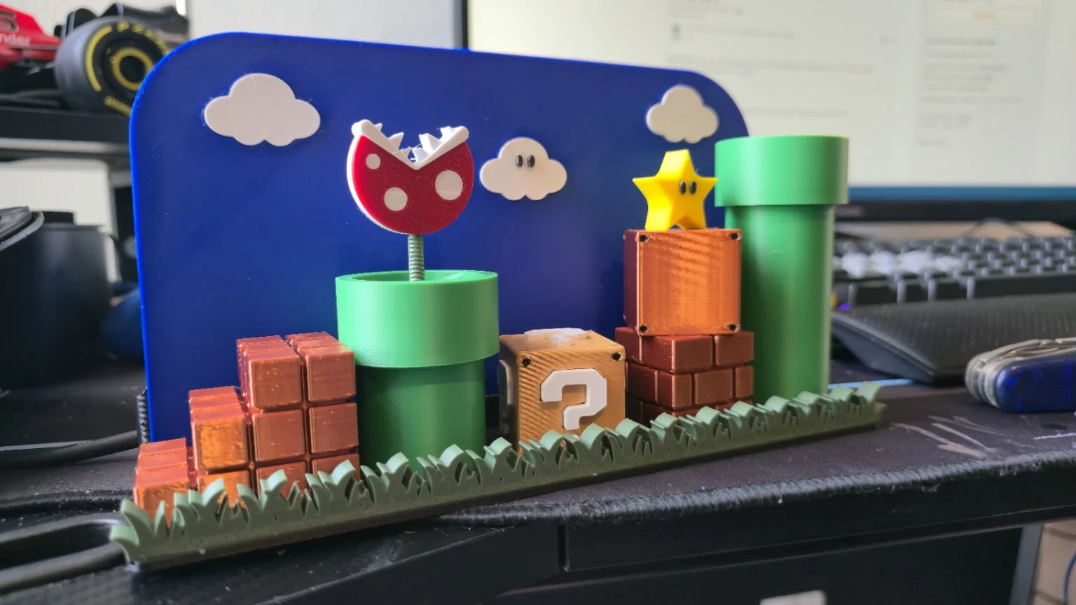 3D-printed Super Mario desk scene